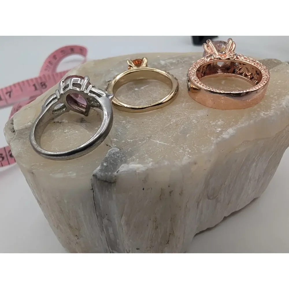 Fashion Rings Set of 3 Rose Gold Silver Tone Pink Stones Earth tones see pics
